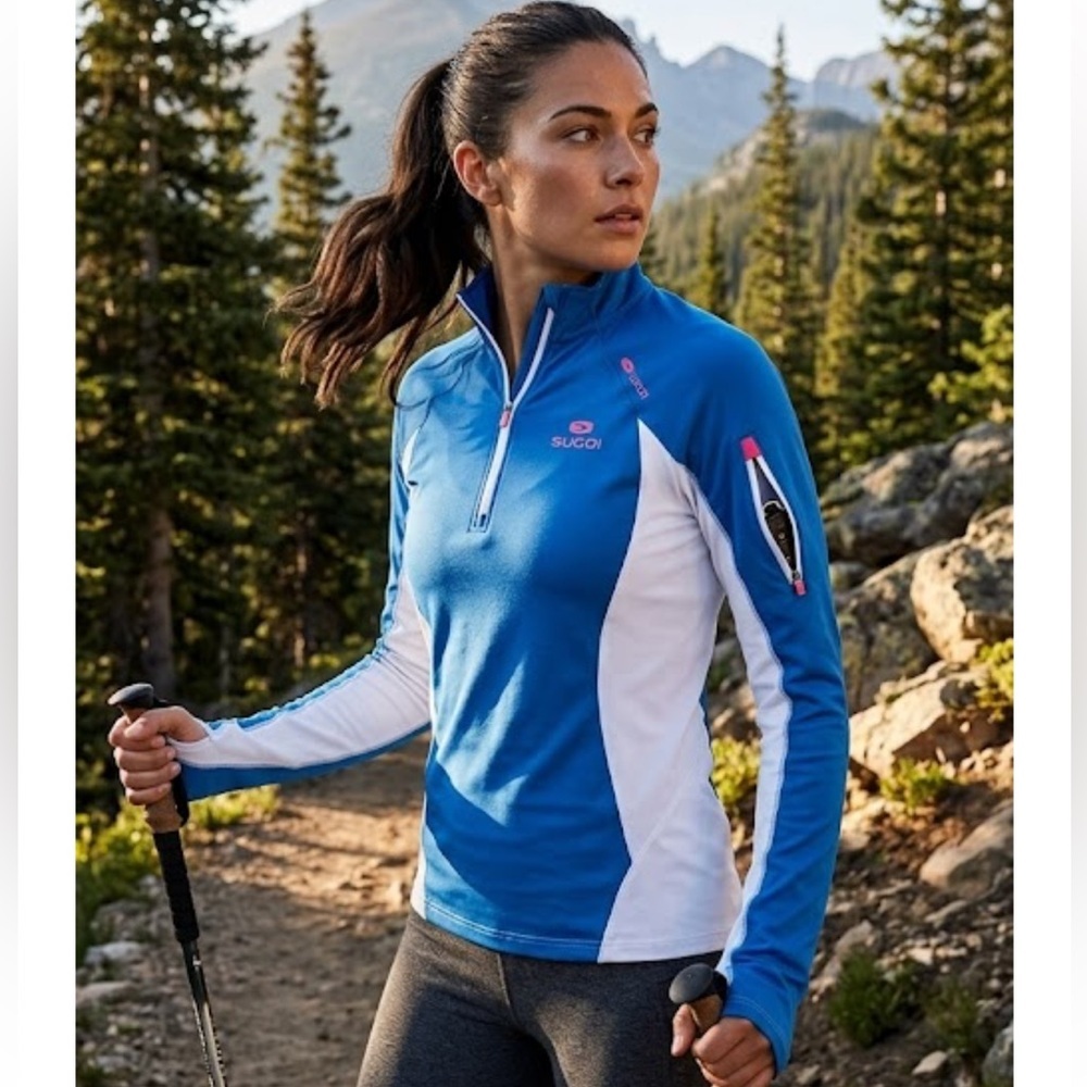 SUGOI Blue, White & Pink Half-Zip Performance Top